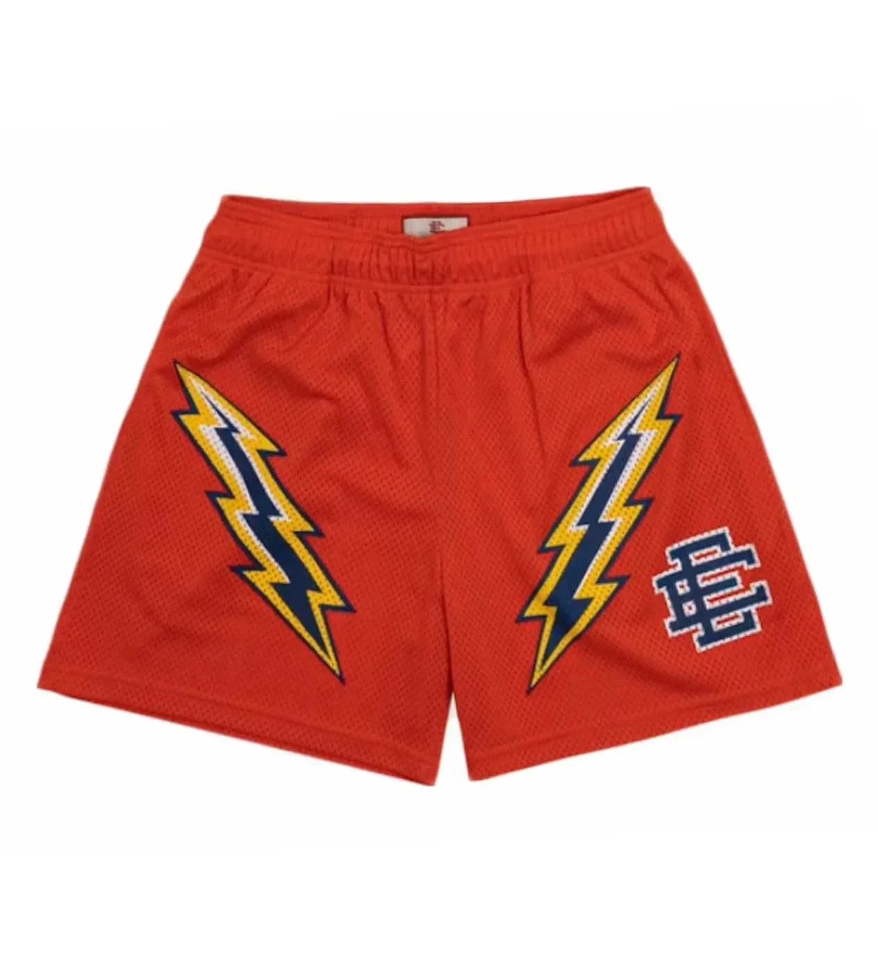 Orange mesh basketball shorts with bold yellow and blue lightning bolt graphics and EE logo