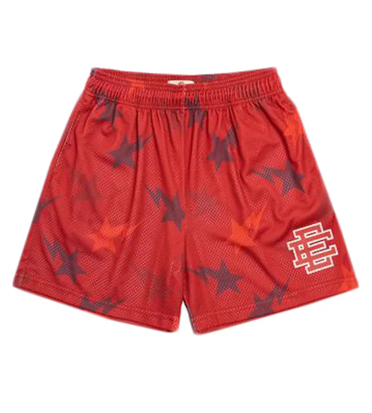 Red mesh basketball shorts with black star pattern and white logo on left leg