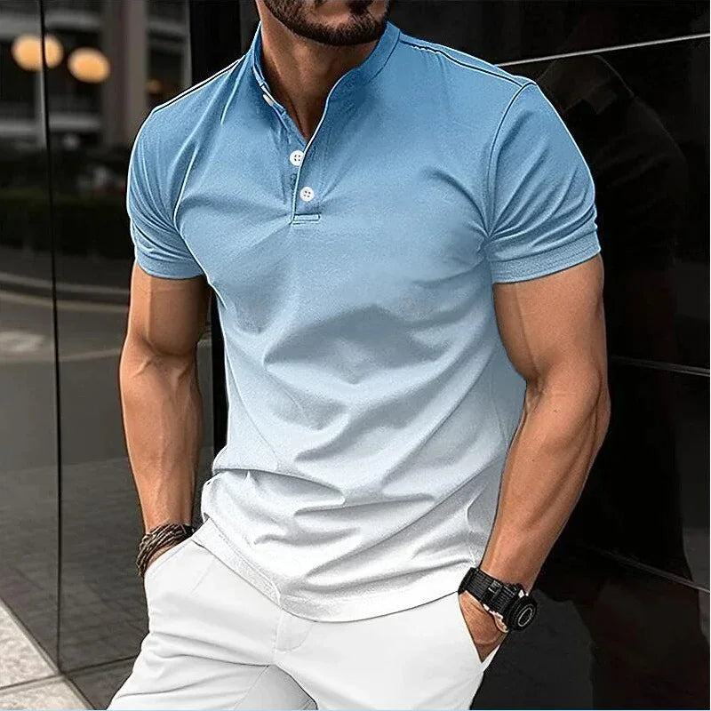 Men's blue to white gradient stand collar short sleeve henley golf polo shirt, casual slim fit summer top for Tesu Express streetwear.