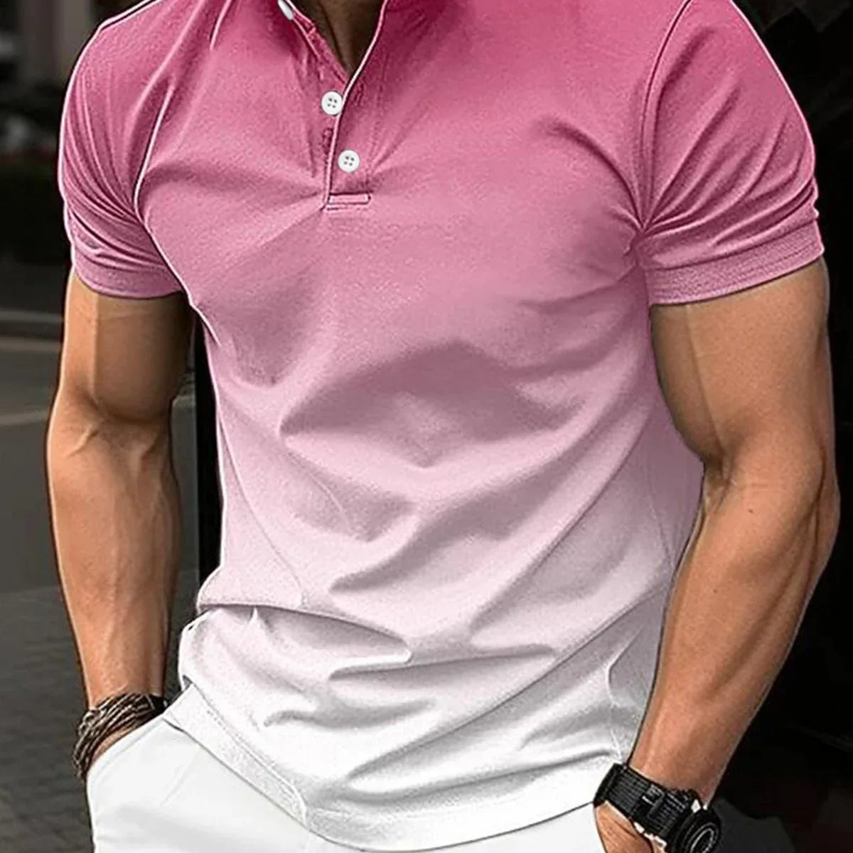 Men's pink to white gradient stand collar short sleeve henley golf polo shirt, casual slim fit summer top for Tesu Express streetwear.