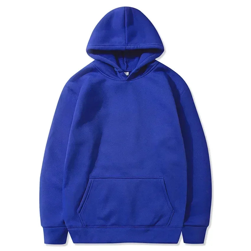 Plain blue streetwear hoodie with front pocket and hood, displayed on white background