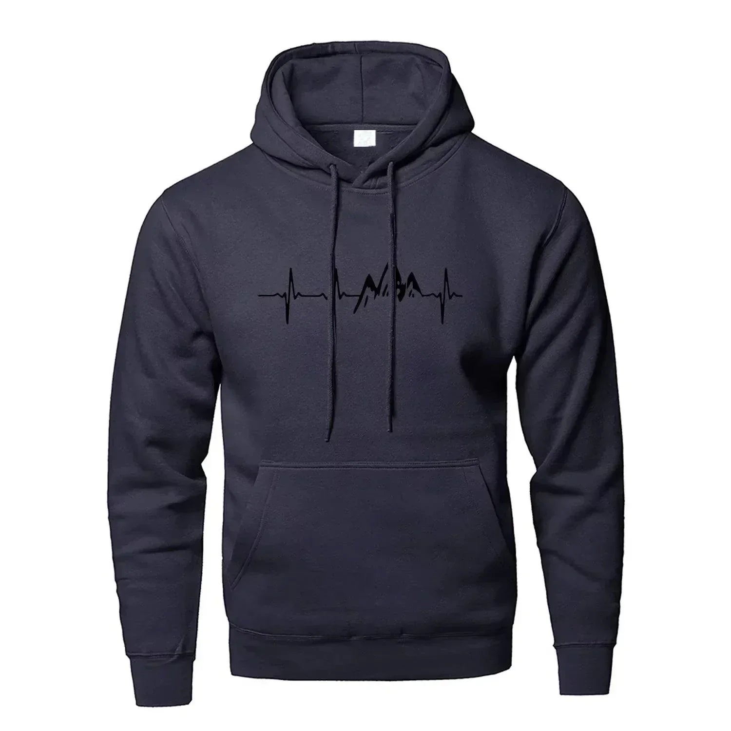 Black streetwear hoodie with mountain and heartbeat graphic, front pocket, and drawstrings