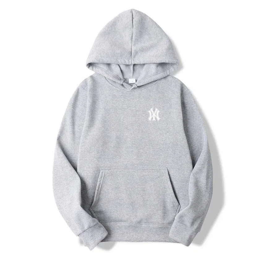 Light grey streetwear hoodie with front pocket and small white embroidered logo on chest