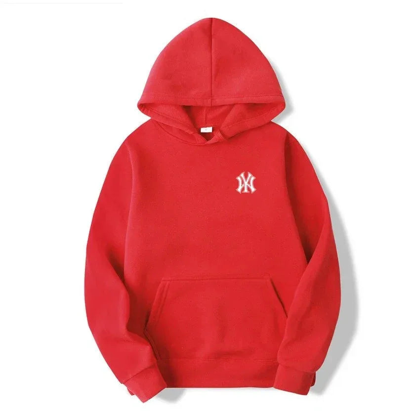 Red streetwear hoodie with white embroidered logo and front kangaroo pocket
