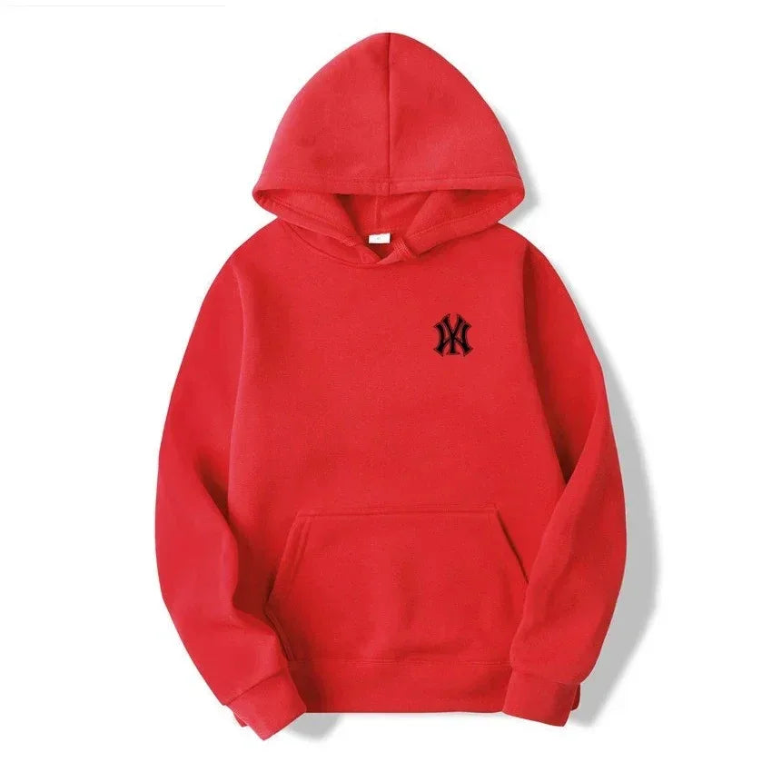 Red streetwear hoodie with black embroidered graphic and front pouch pocket, flat lay