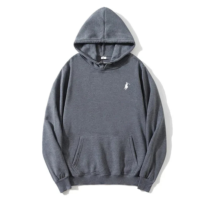 Dark gray streetwear hoodie with kangaroo pocket and small white chest graphic