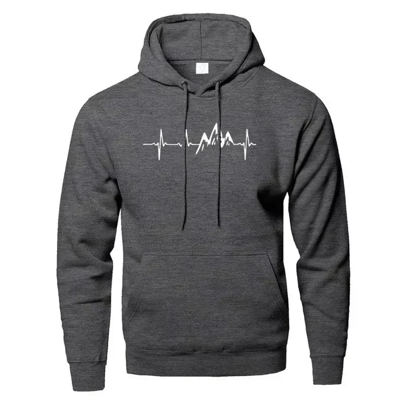 Dark grey streetwear hoodie with white mountain and heartbeat graphic on chest