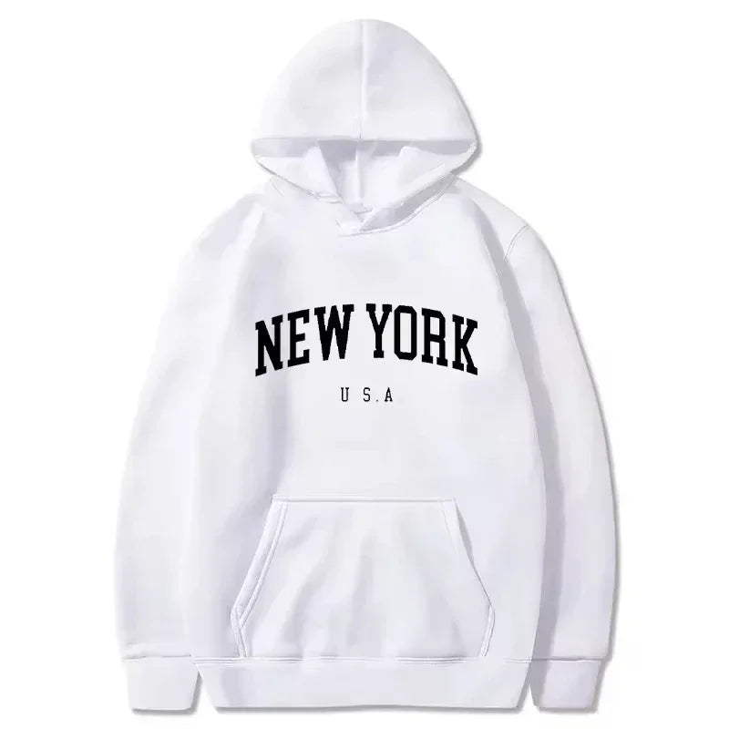 White streetwear hoodie with New York USA text and front pouch pocket